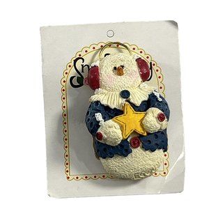 Vintage Encore Snowman Brooch Pin Christmas Star Earmuffs Resin 2.5" Winter